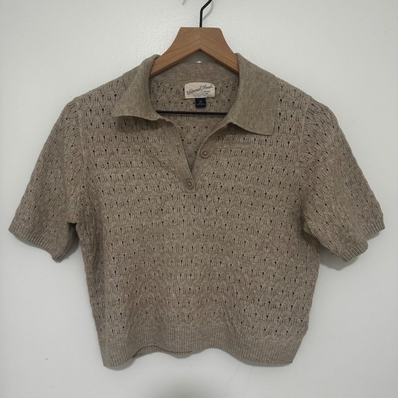 Universal Thread Sweaters - Universal Thread | Oatmeal Pointelle Knit Polo Short Sleeve Sweater Top, XS